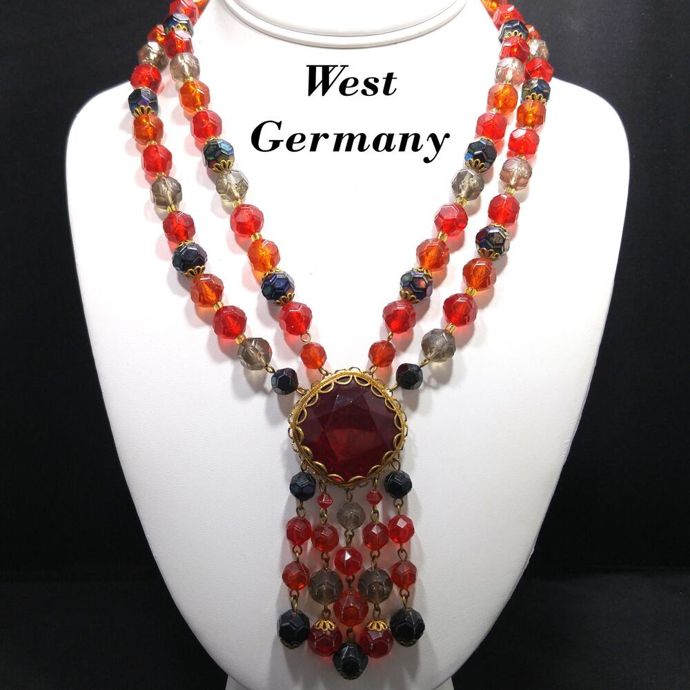 Western Germany Red Glass Pendant Necklace, Lucite Beads